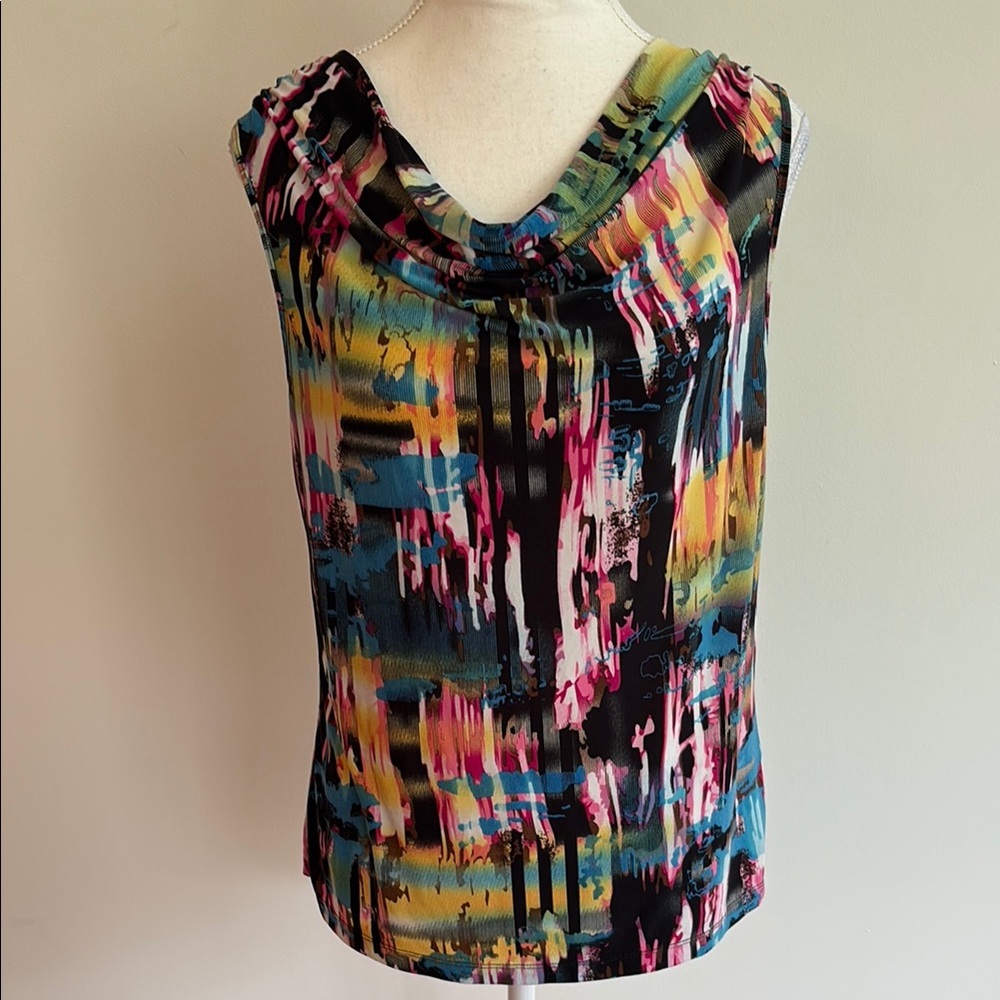 Peter Nygard Graphic Black Blue Pink Sleeveless Tank Blouse Petite Medium EUC